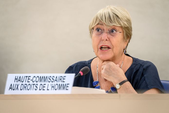 Michelle Bachelet, Haut-Commissaire des Nations unies aux droits de l'homme, prononce un discours à l'ouverture d'une session du Conseil des droits de l'homme des Nations unies, le 13 septembre 2021 à Genève.