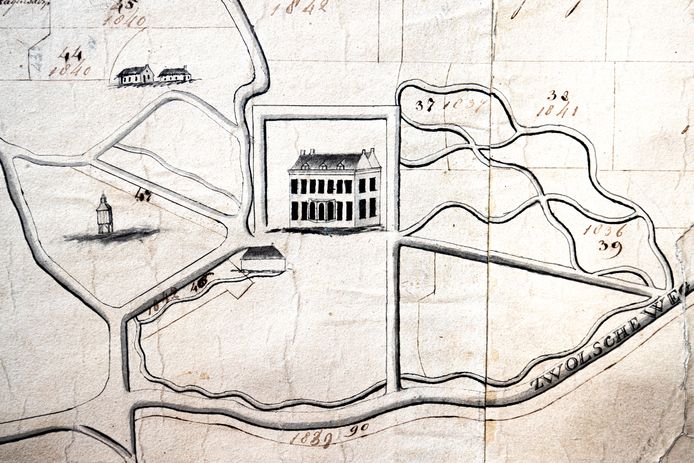 Detailopname van de landkaart met centraal de havezathe op landgoed De Oldenhof.