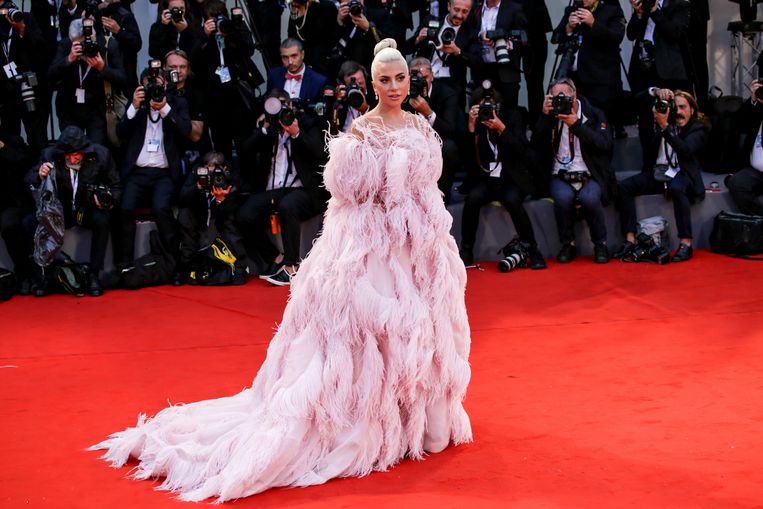 Het mooiste moment voor Eerebout: Lady Gaga op de rode loper in Venetië, in een roze verenjurk van Valentino. Beeld NurPhoto via Getty Images