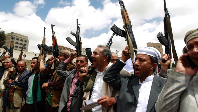 Aanhangers van de Houthi-rebellen in de Jemenitische hoofdstad Sanaa. Beeld afp