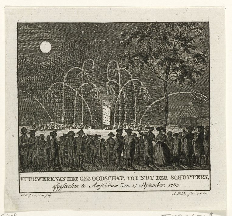 Prent 'Vuurwerk van het Genoodschap tot Nut der Schuttery, afgestooken te Amsterdam', 1785. Beeld Rijksmuseum Amsterdam