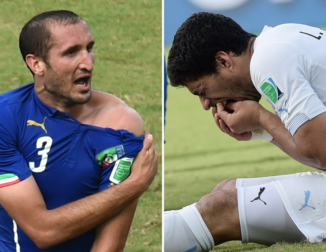 Chiellini en Suárez kort na de beet. Beeld afp