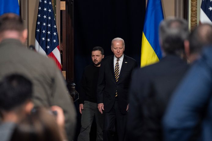 De Amerikaanse president Joe Biden en de Oekraiense president Volodymyr Zelensky in Washington.