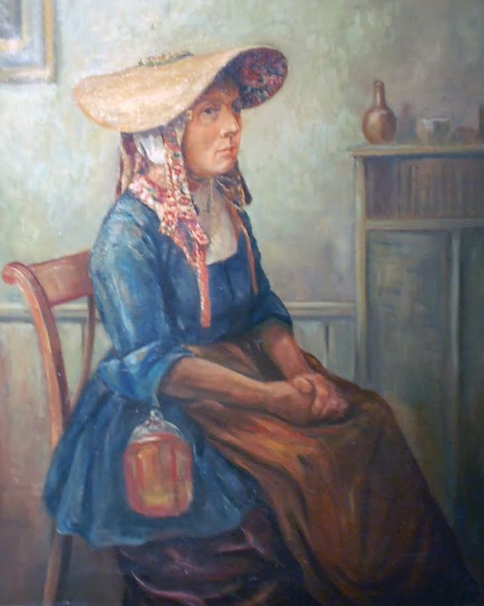 Een schilderij uit 1935 van Alma Oakes. Ze draagt Zeeuwse klederdracht en een schelphoed. De naam van de schilder is onbekend.
