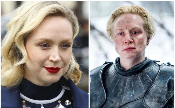 Gwendoline Christie op de rode loper (links) en als Brienne in 'Game Of Thrones'.