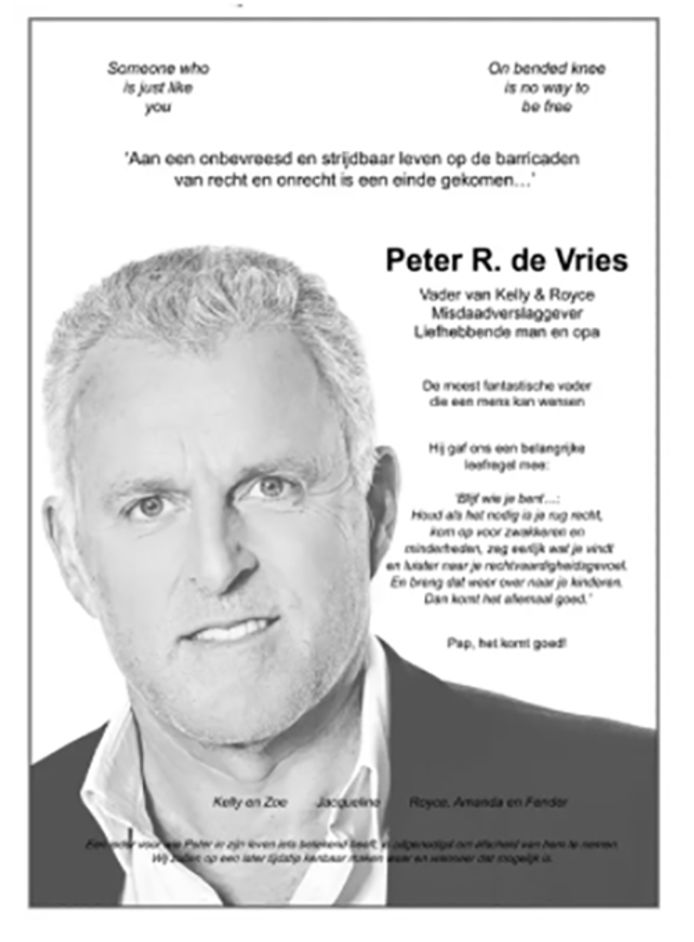 Kinderen van Peter R. de Vries lieten maandag een paginagrote rouwadvertentie plaatsen in onder meer de kranten van DPG Media.