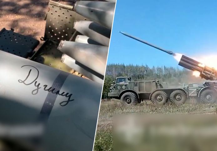 Russische troepen schrijven "Voor Daria Doegina" op munitie