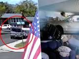 Bewakingscamera filmt bizar incident waarbij 4x4 geparkeerde auto in gevel ramt