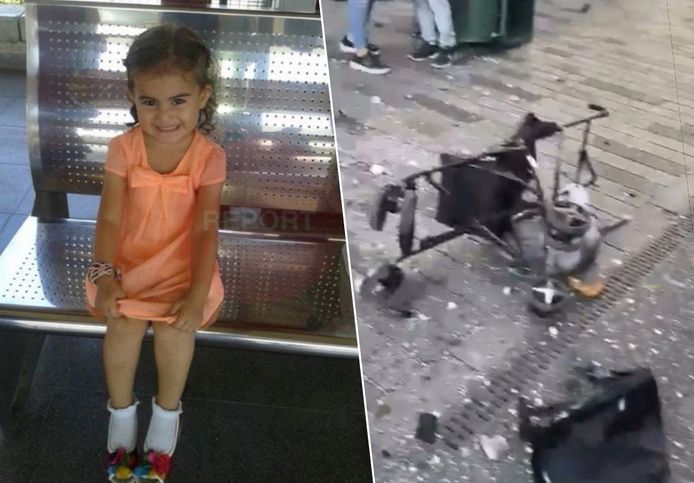 Ecrin Medan (9) stierf bij de aanslag in Istanbul. Op deze foto ziet u haar toen ze drie jaar oud was. Het lugubere beeld van een vernielde buggy toont de gruwel die er plaatsvond.