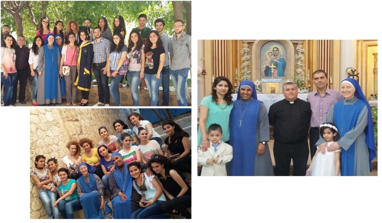 Missie van de Religieuze Familie van het Mensgeworden Woord in Aleppo (linksboven). Twee zusters met enkele universiteitsstudenten (linksonder) en de zusters in een kerk van Aleppo. (rechts). Beeld  