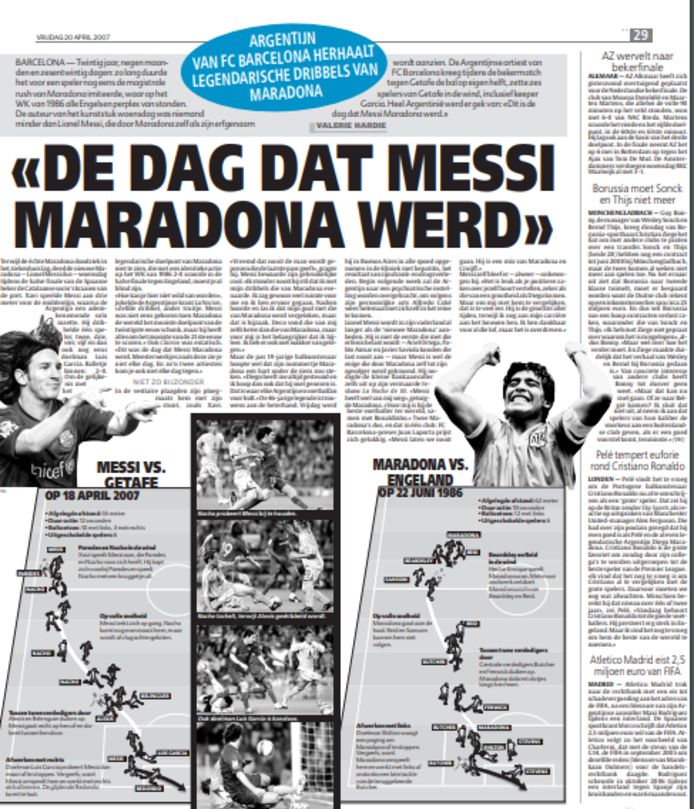 "De dag dat Messi Maradona werd" - Artikel, geschreven door Valerie Hardie, uit Het Laatste Nieuws van 2007.