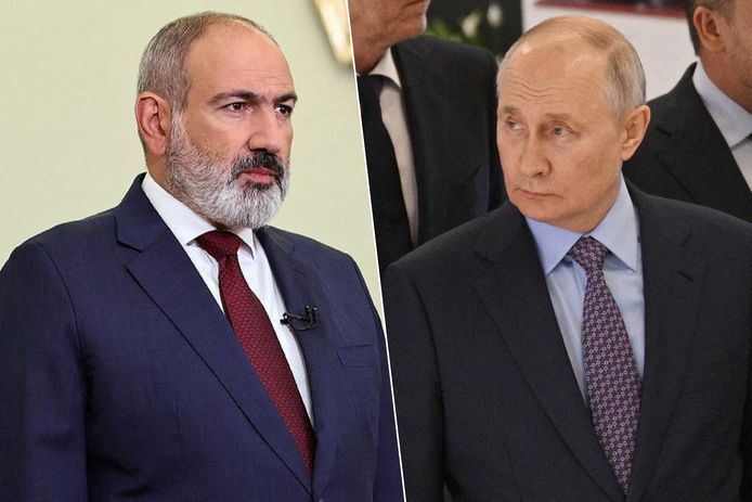 De Armeense premier Nikol Pasjinjan en de Russische president Vladimir Poetin.