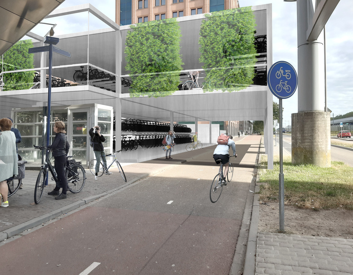 De nieuwe tijdelijke fietsenstalling achter het station die de komende tien tot twaalf jaar plaats moeten bieden aan 800 fietsen.