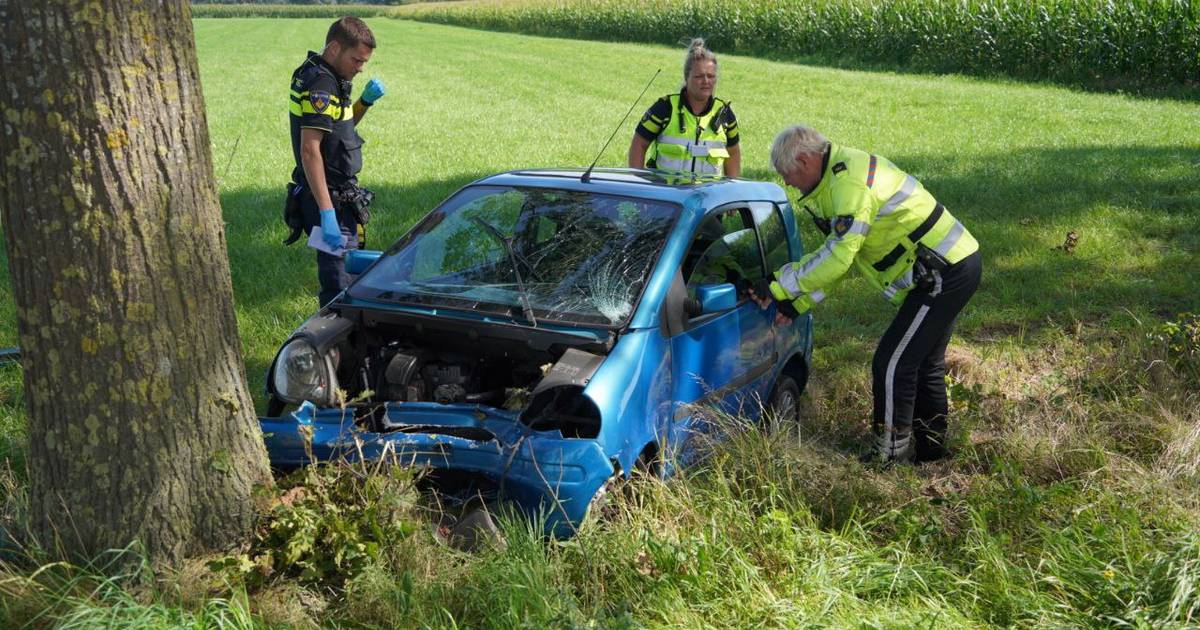 Brommobiel flink beschadigd na botsing tegen boom in Nieuwleusen.