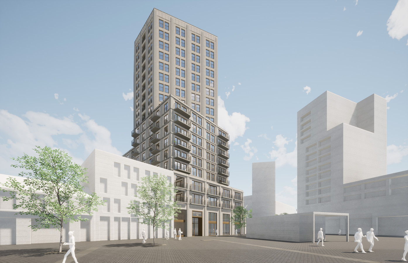 Een impressie van de nieuwe woontoren, gezien vanaf het Pieter Vreedeplein, met rechts de bestaande hoogbouw.