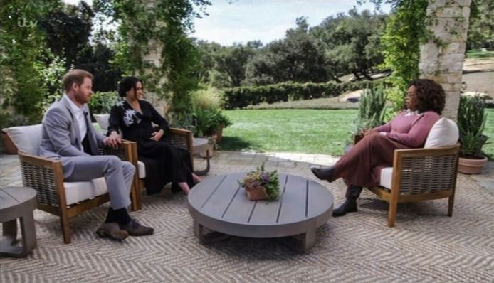 Meghan Markle en Harry Windsor tijdens het interview met Oprah Winfrey.