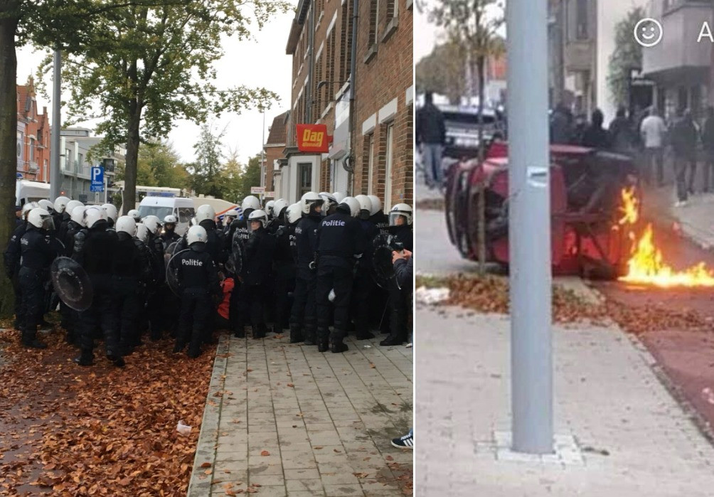 Hooligans richtten na Club Brugge-Antwerp vier jaar geleden heel wat schade aan. Rechts: het autootje van een mindervalide schoenmaker werd in brand gestoken.
