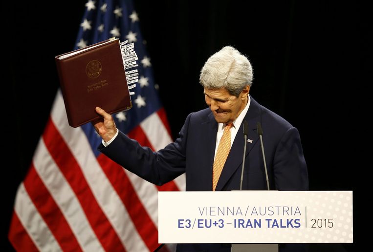 John Kerry reageert op het bereikte akkoord rond het Iraanse kernprogramma in het Vienna International Center in Wenen. Beeld REUTERS