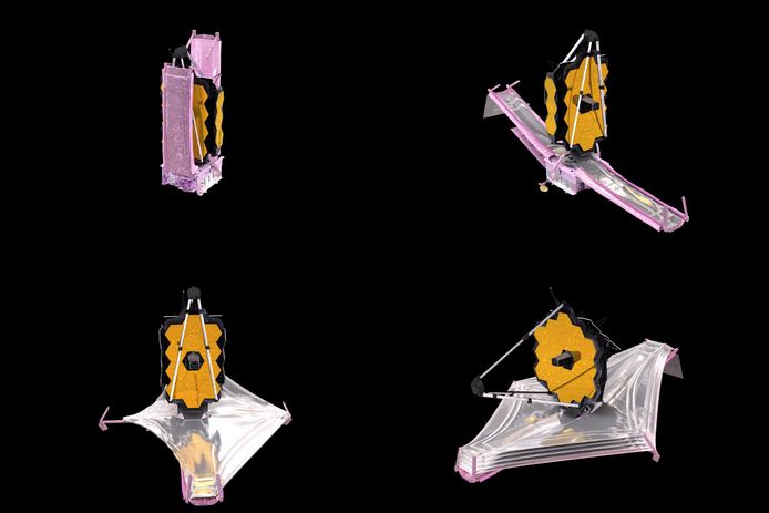 Deze computeranimatie toont hoe de verschillende onderdelen van de ruimtetelescoop opengeklapt kunnen worden.