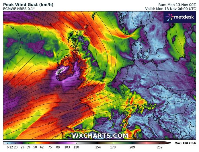 Vooral het noorden van Ierland en noordwesten van Engeland krijgen de zwaarste wind over zich heen van storm Debi.