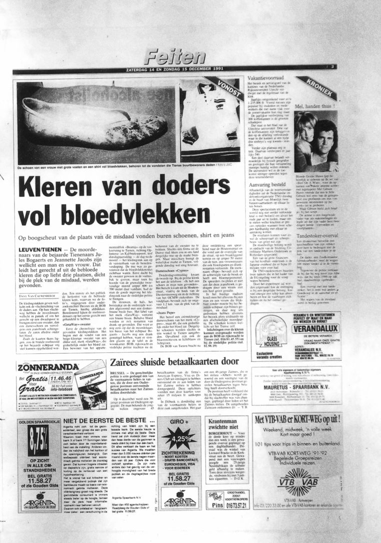Een weekendkrant van 14 december 1991 bericht over de vondst van bebloede kleren. Beeld HLN Archief