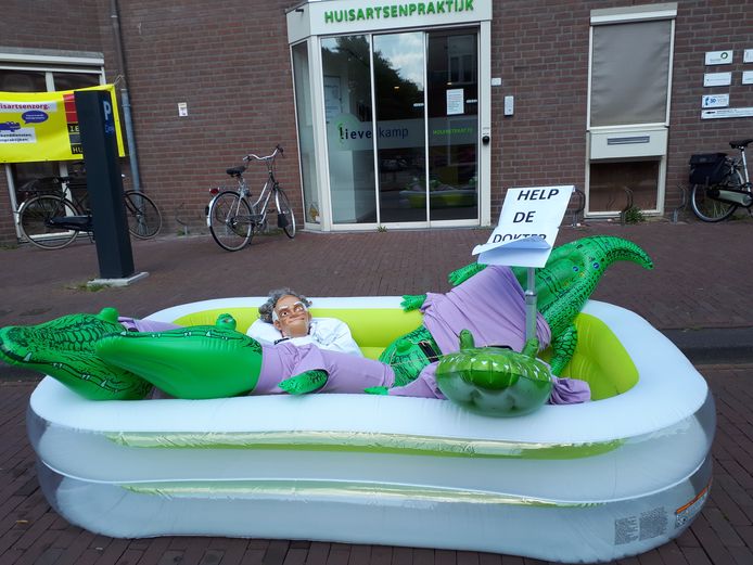 Het zwembadje met 'paarse' krokodillen voor de huisartsenparktijk aan de Molenstraat in Oss.