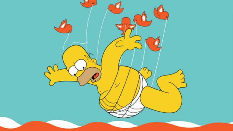 Homer Simpson als 'fail whale', een walvis die Twitter in de beginjaren toonde bij overbelasting. Beeld rv