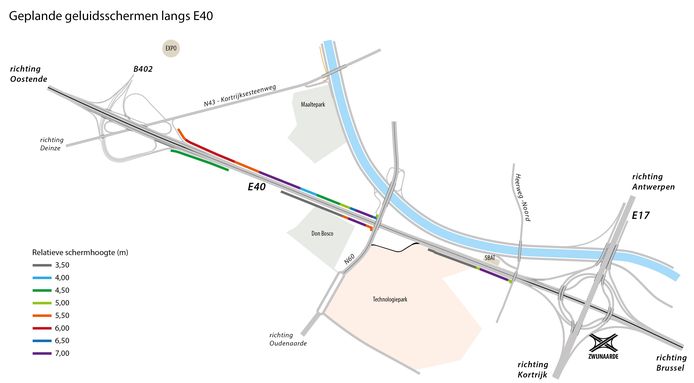Op het kaartje van het Agentschap Wegen en Verkeer is duidelijk te zien waar de geluidsschermen worden aangepakt.