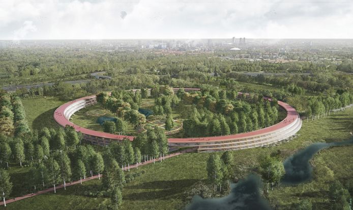 Impressie die VDL liet maken van Park Welschap met een gebouw in de vorm van een cirkel. In het gebouw is plek voor drie- tot vijfhonderd huurhuizen. Op het dak ligt een atletiekbaan van 1000 meter.