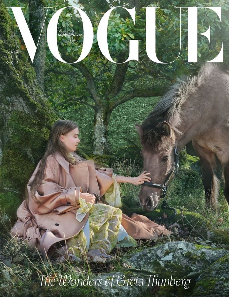 Het eerste nummer van ‘Vogue Scandinavia’, met Greta Thunberg en het IJslandse paard Strengur, gefotografeerd door Alexandrov Klum. Beeld voguescandinavia.com