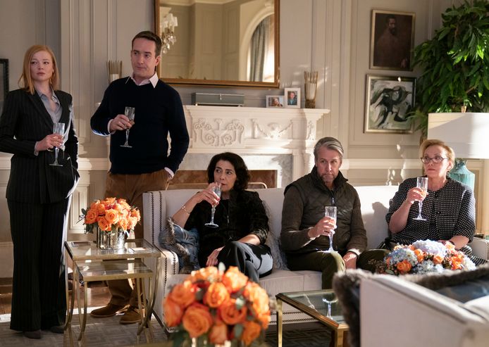 This image released by HBO shows, from left, Sarah Snook, Matthew Macfadyen, Hiam Abbass, Alan Ruck, and J. Smith-Cameron in a scene from "Succession." The program is nominated for a Golden Globe for best television drama series. (Peter Kramer/HBO via AP)