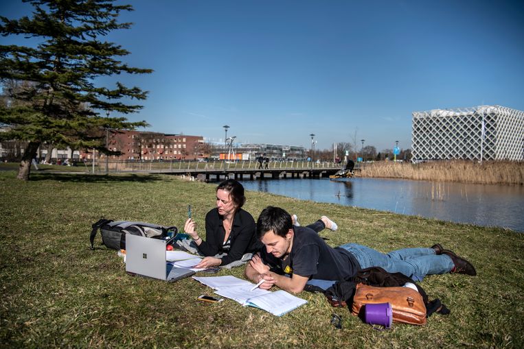 Nederland,Wageningen,26-02-2019Studenten uit Duitsland zijn buiten op de campus aan het studeren.foto Koen Verheijden. Beeld Koen Verheijden