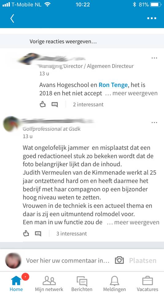 Screenshot van de reacties onder artikel van Judith Vermeulen op LinkedIn WI Nederland.