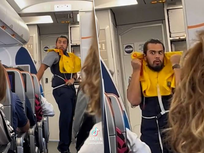KIJK. Steward geeft wel heel expressieve veiligheidsdemo op het vliegtuig: “De eerste keer dat ik kijk naar de steward”