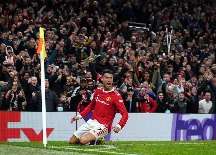 Cristiano Ronaldo viert zijn winnend goal tegen Atalanta.