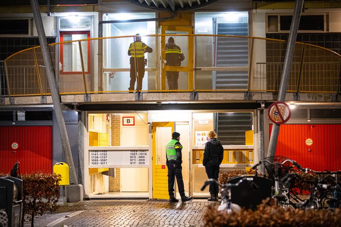 De politie doet onderzoek bij de flat in Zwolle waar het slachtoffer op 17 januari om hulp vroeg.