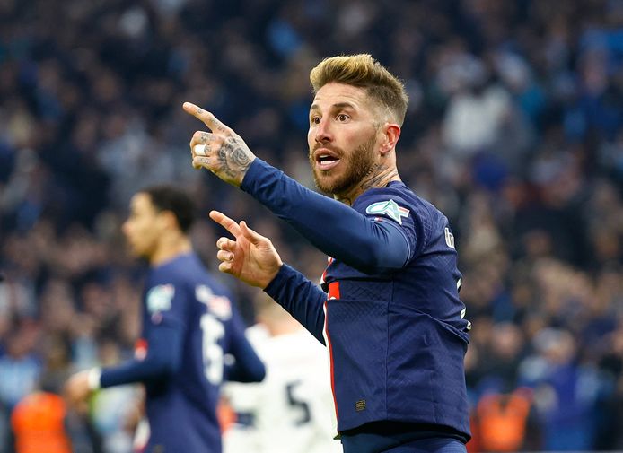 Soccer Football - Coupe de France - Round of 16 - Olympique de Marseille v Paris St Germain - Orange Velodrome, Marseille, France - February 8, 2023  Paris St Germain's Sergio Ramos reacts after his goal was disallowed REUTERS/Eric Gaillard