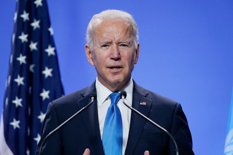 President Joe Biden tijdens een persconferentie in Glasgow. Beeld AP