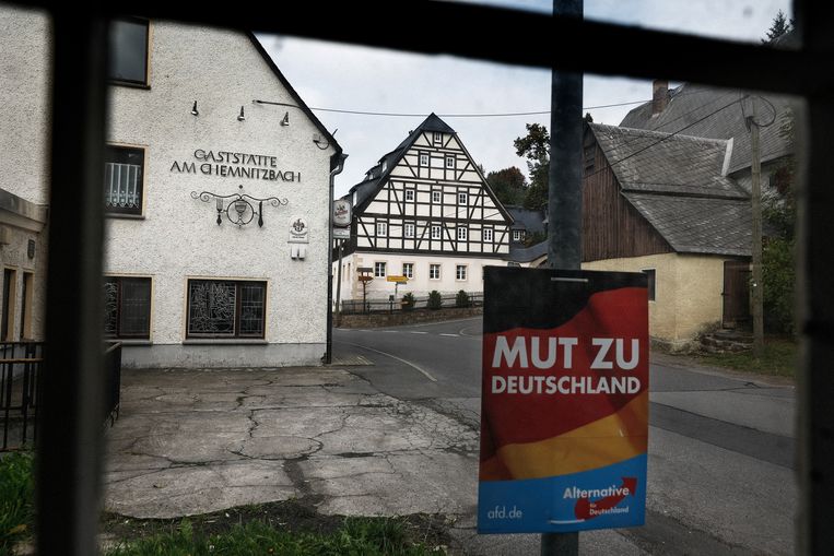 Een campagneposter van Alternative für Deutschland in Dorfchemnitz. Moed voor Duitsland. Beeld DANIEL ROSENTHAL
