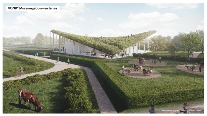 Impressie van het nieuwe museum Vonk in Eindhoven. Het dak wordt toegankelijk voor wandelaars.