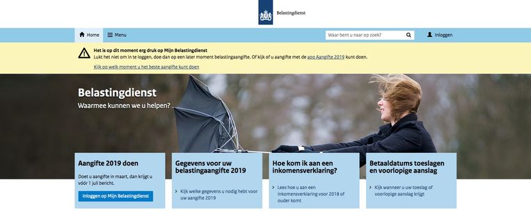 De website van de Belastingdienst meldt dat het erg druk is en vraagt op een later moment in te loggen. Beeld Printscreen www.belastingdienst.nl