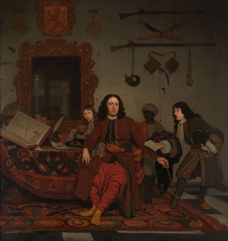 Portret van Thomas Hees en zijn neven. Op de achtergrond zijn bediende, ook Thomas genoemd, met halsband. Michiel van Musscher, 1687, olieverf op doek.  Beeld Rijksmuseum