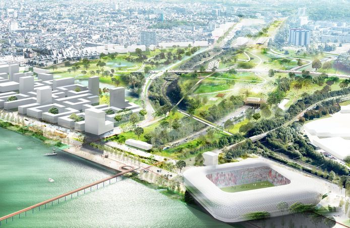 De omgeving in het zuiden van de stad met het nieuwe 'Scheldebalkon' en een eventueel toekomstig nieuw voetbalstadion.