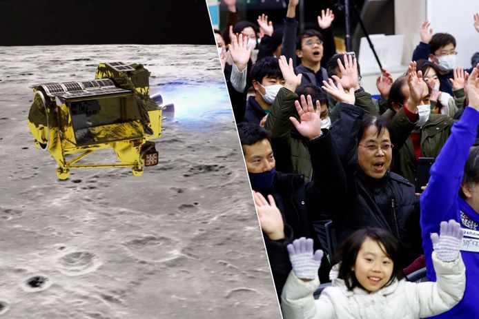 Links: De Japanse maanlander SLIM. / Rechts: Japanners vieren de succesvolle landing van het SLIM-ruimtetuig.