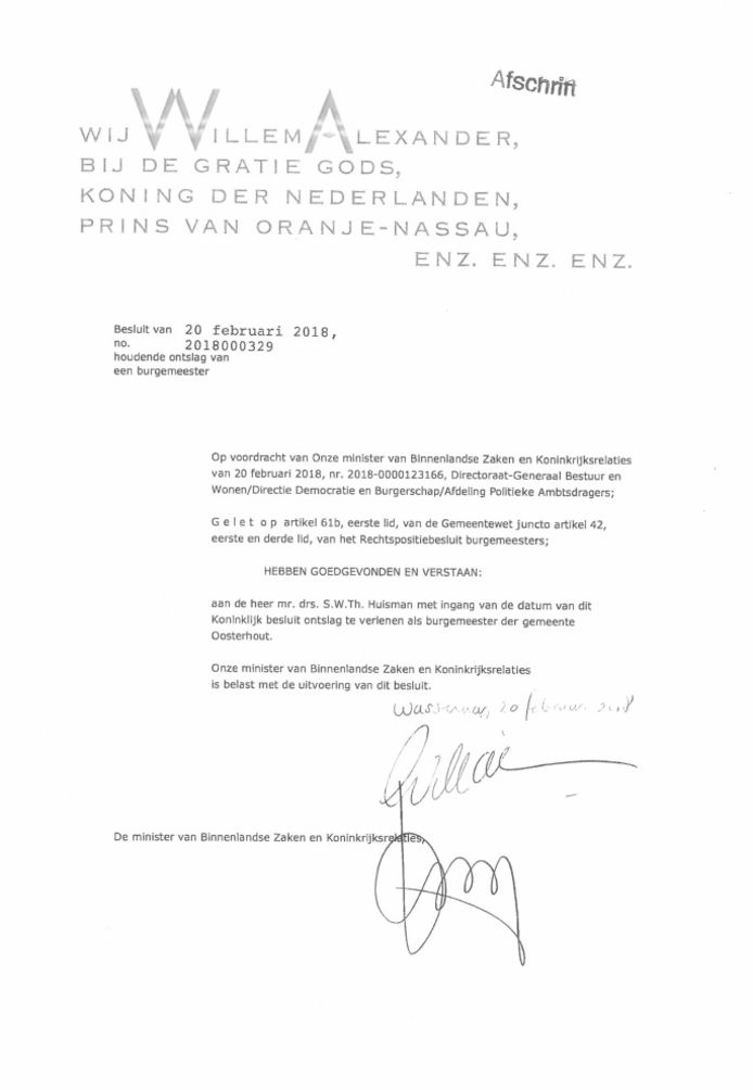 Printscreen afschrift Koning Ontslag Stefan Huisman