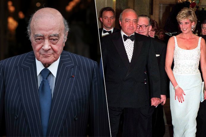 Links: Mohamed Al-Fayed in 2016. Rechts: Al-Fayed en prinses Diana in 1996.