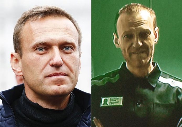 De Russische dissident Aleksej Navalny vóór zijn arrestatie (links) en op een foto die in november 2022 genomen zou zijn in het strafkamp waar hij opgesloten zit. Archiefbeeld.