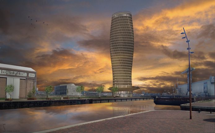 Een artist’s impression van de ZeeLandToren in de avondschemering.