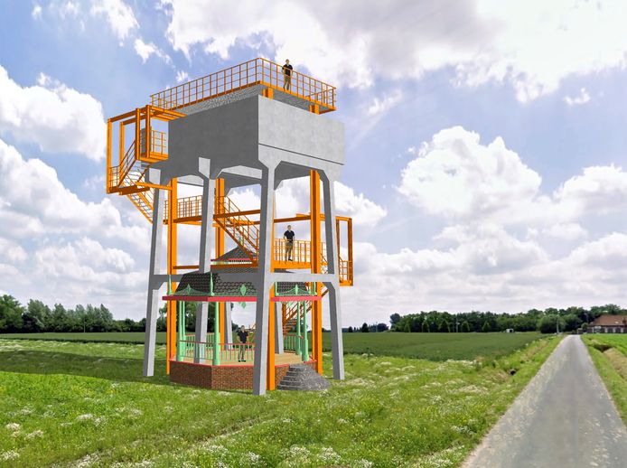 Een conceptbeeld van hoe Izegem en kunstenaar Elias Cafmeyer de uitkijktoren zien, maar Westtoer vindt dat die te dicht bij de snelweg staat.