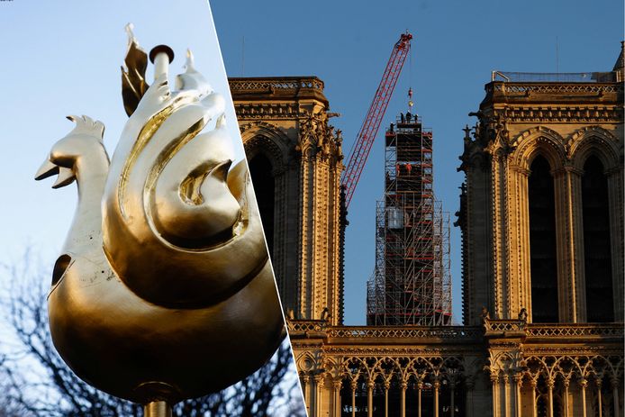 De nieuwe windhaan wordt geplaatst op de top van de toren van de Notre-Dame in Parijs.